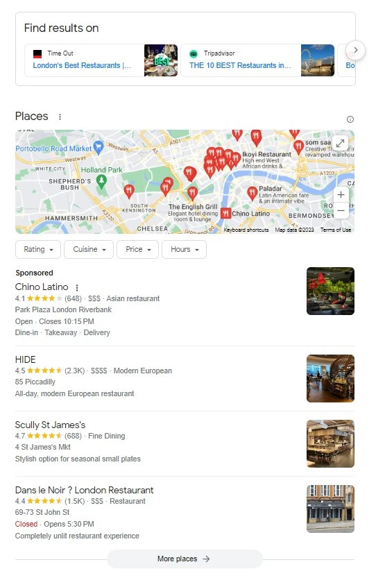 Showing local results on Google when searching for a restaurant in London