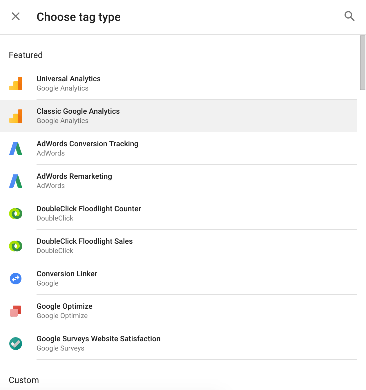 Google Tag Manager - choose tag type