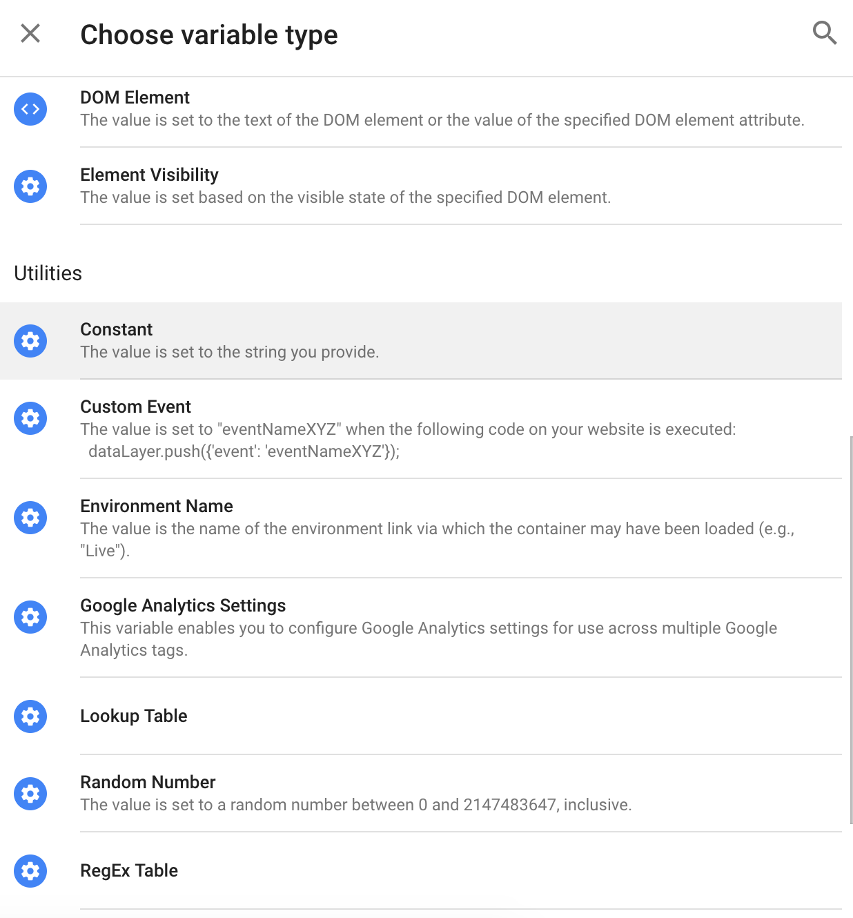 Google Tag Manager choose your variable type