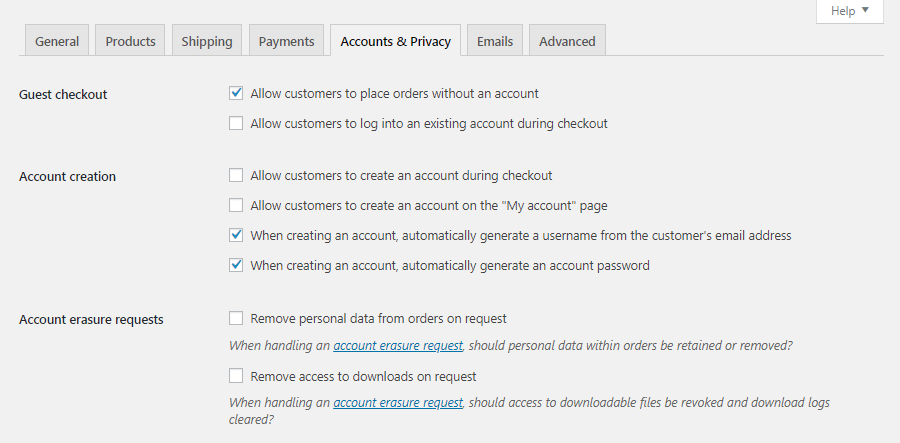 WooCommerce accounts and privacy settings