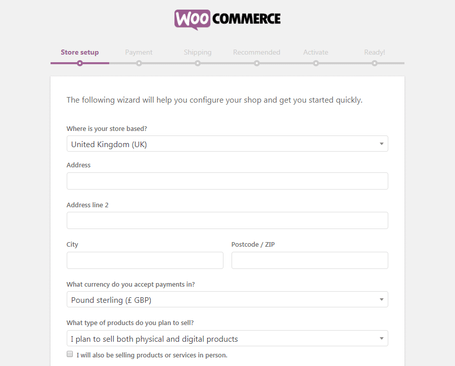 The WooCommerce Store setup page
