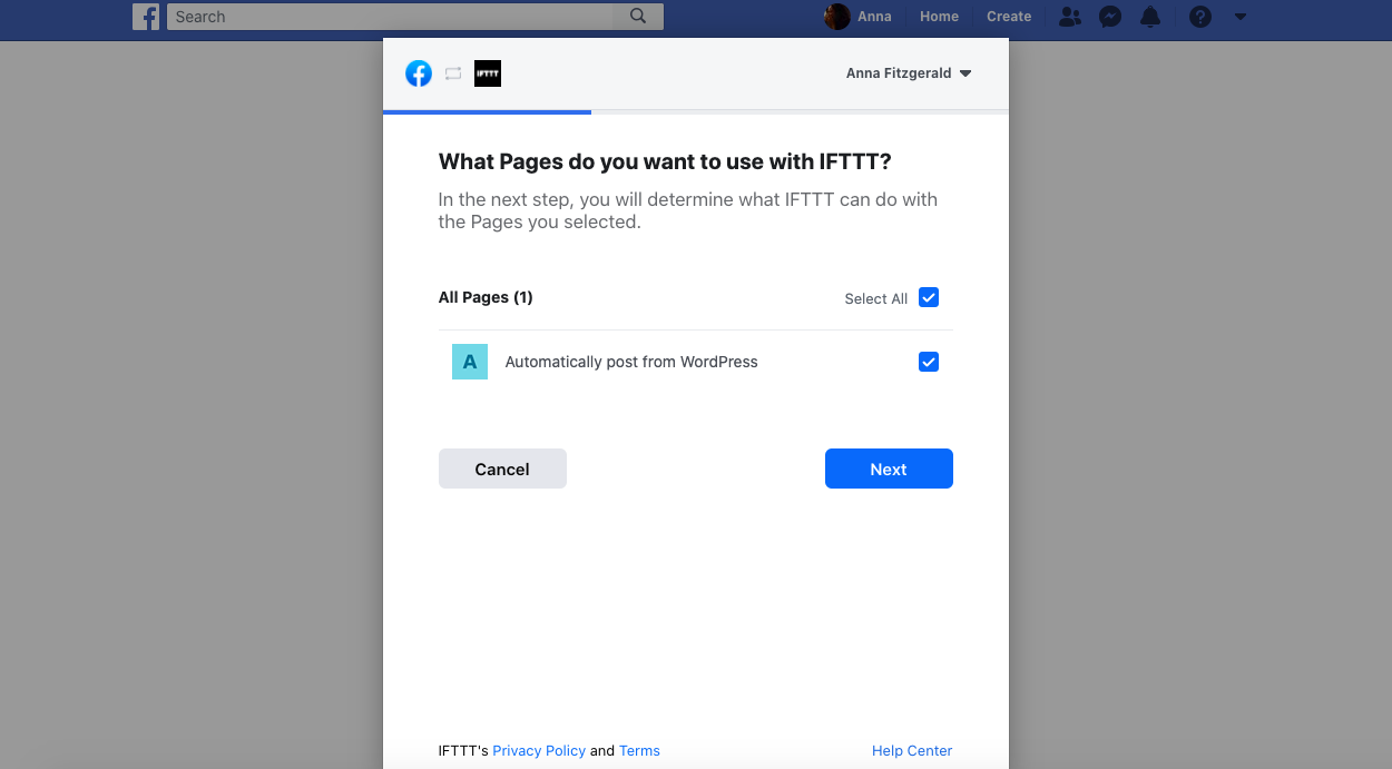 Auto-post to Facebook: Select or create a page