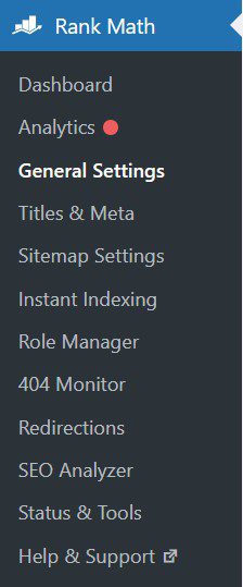 Main menu to access the Rank Math settings